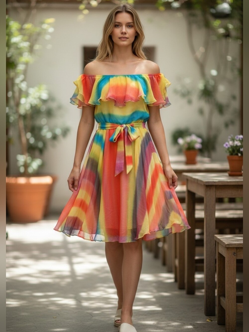 💥SALE💥 Alice + Olivia Vibrant Multicolor Rainbow Ruffle Dress 100% Silk Sz. M
